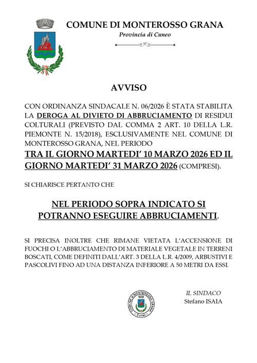 Sospensione del divieto di abbruciamento