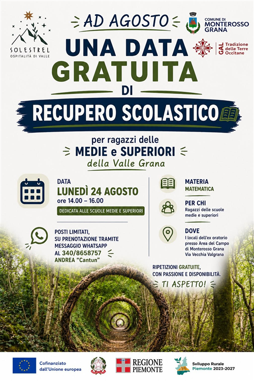 Recupero scolastico gratuito in Valle Grana, dedicato alla matematica.